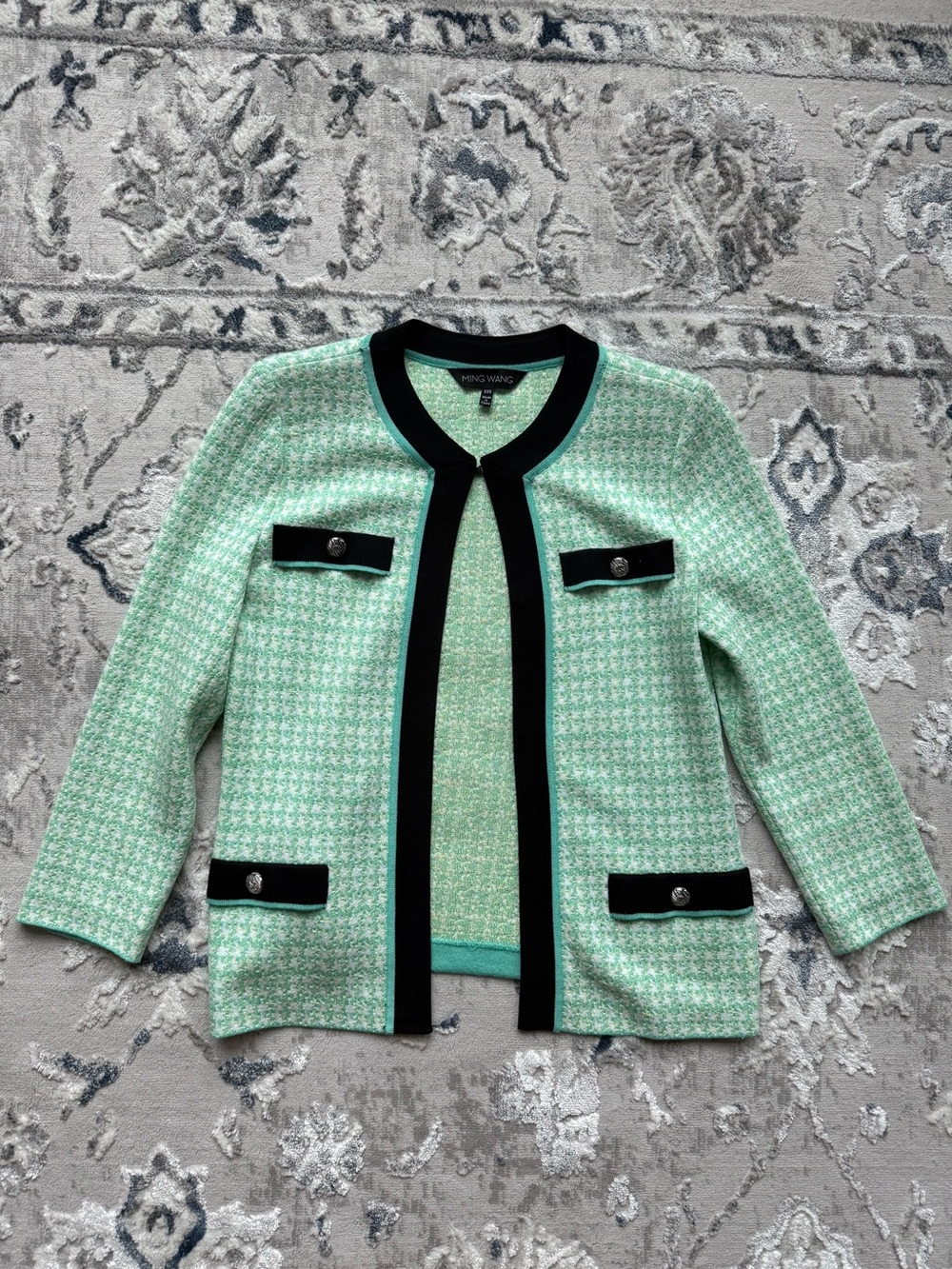 Ming Wang Mint Green Tweed Jacket with Black Trim